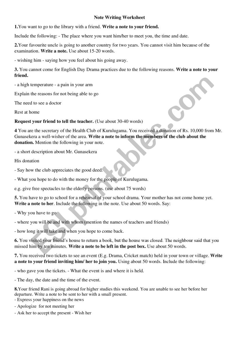 Writing Notes worksheet