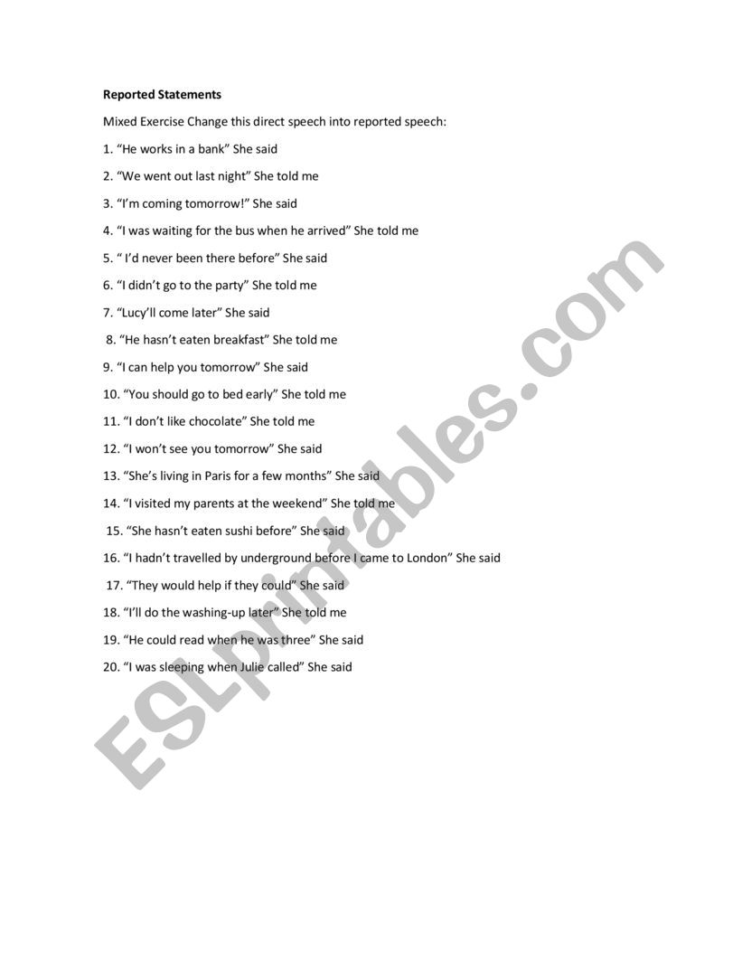 Reported Statements worksheet