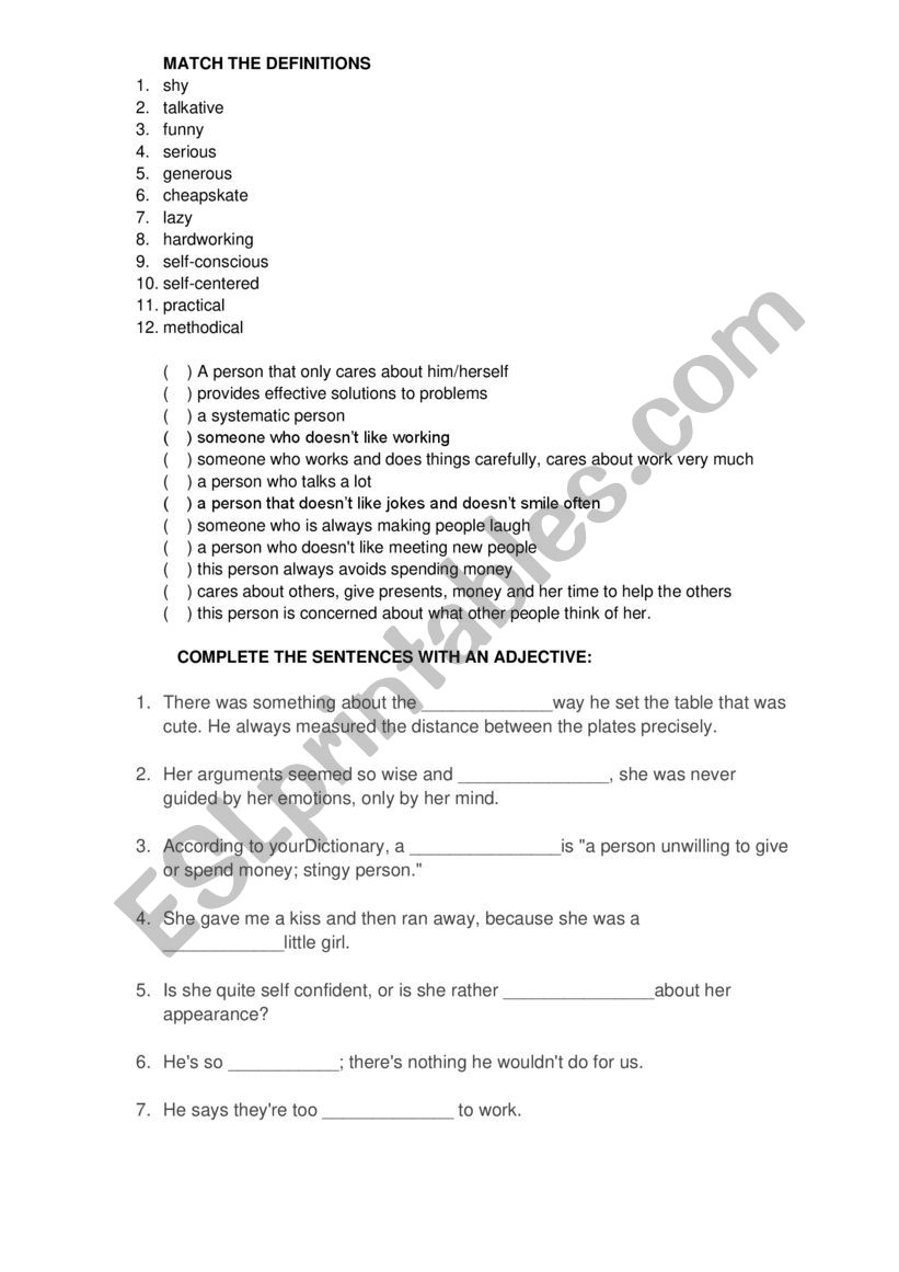 Personality Adjectives worksheet
