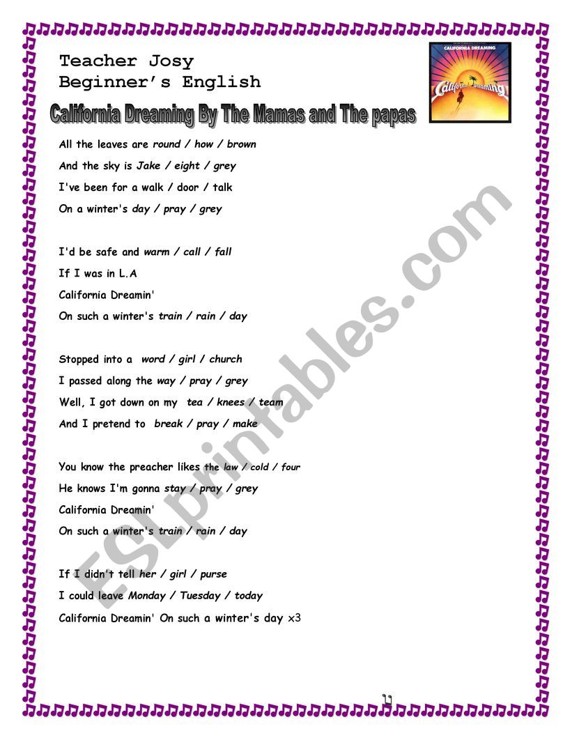 Song: California Dreaming worksheet