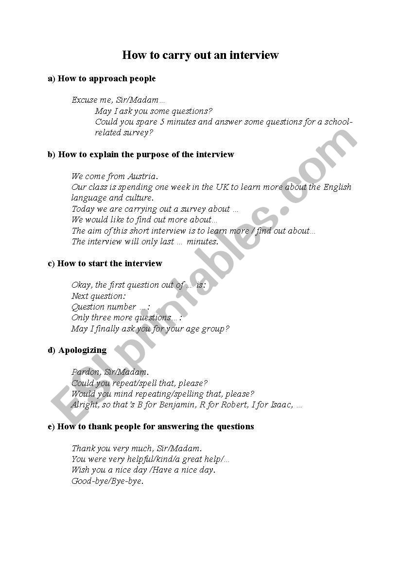 How to carry out an interview worksheet