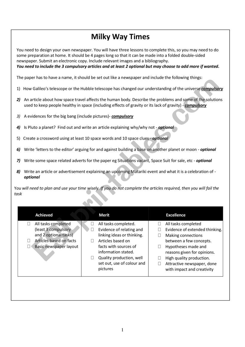 Newspaper article space template research task