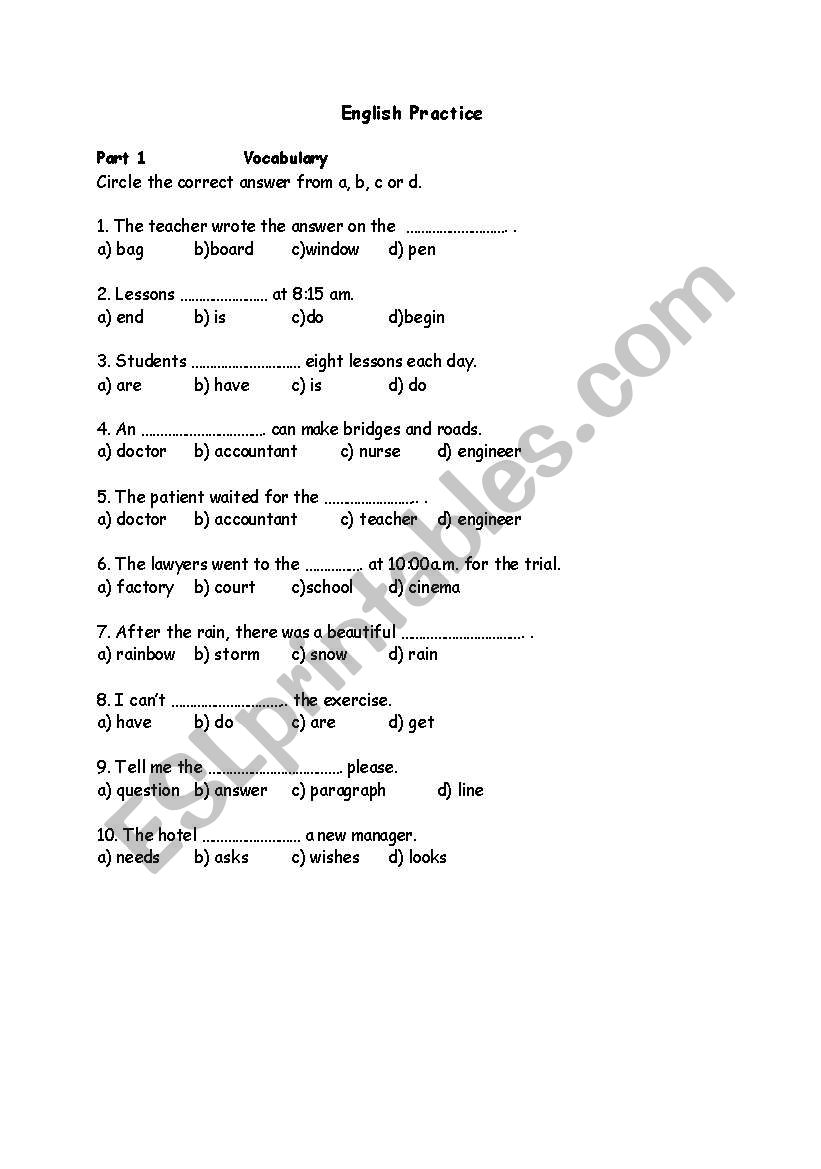 grammar  vocabulary test worksheet