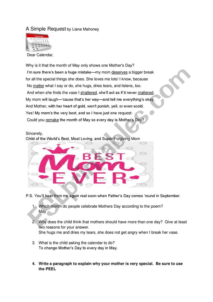 A poem about Mother�s Day worksheet