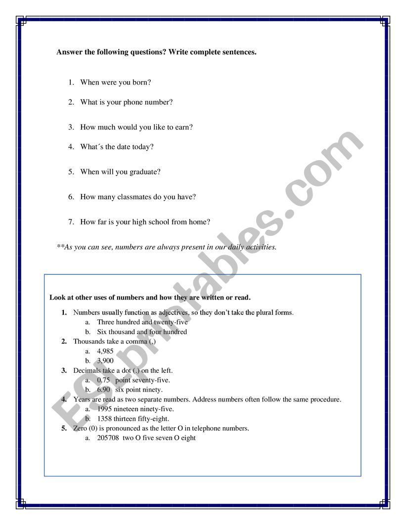 Numbers worksheet