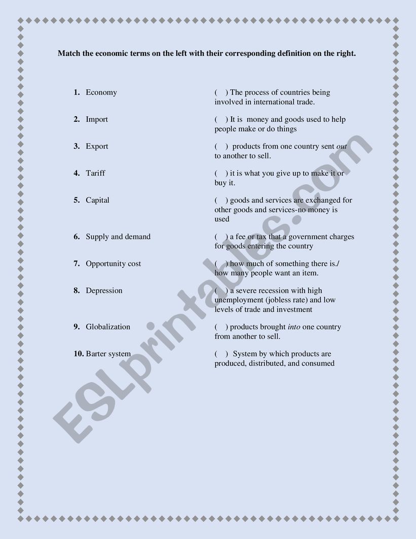 Economic terms  worksheet