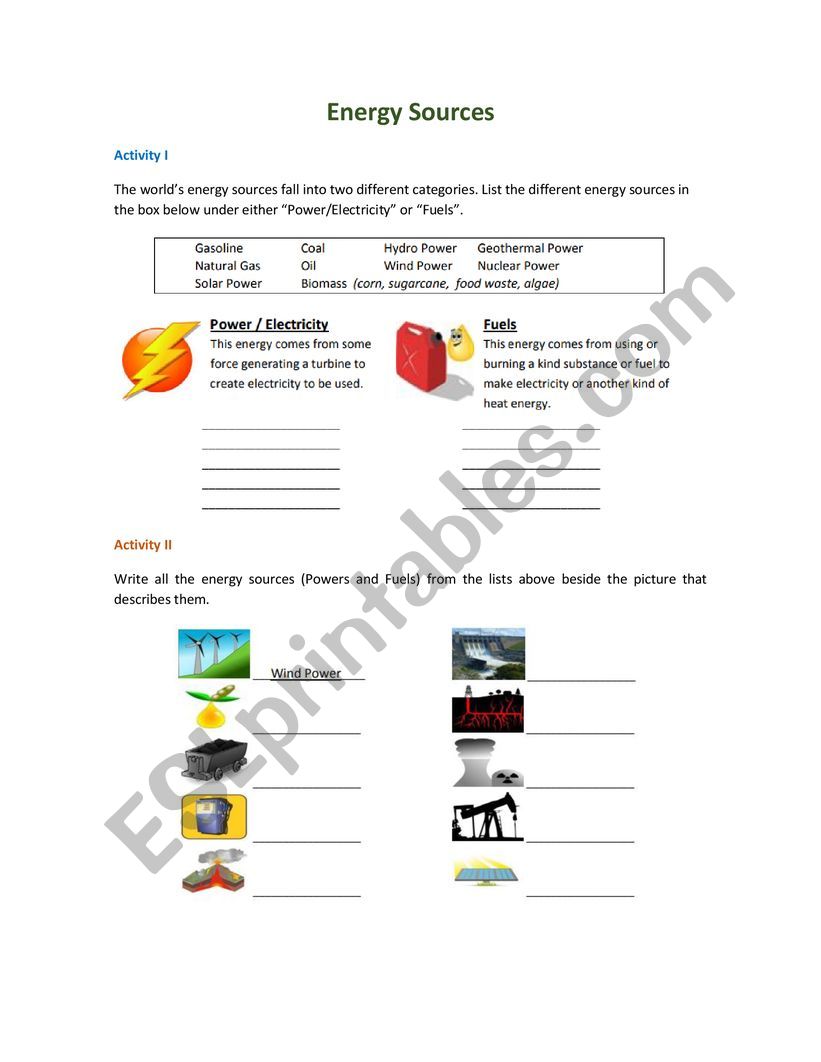 Energy Sources worksheet