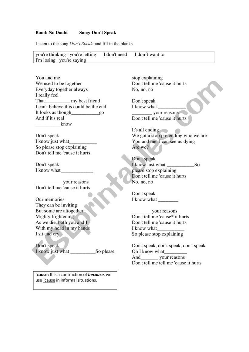 Donï¿½t Speak song worksheet worksheet