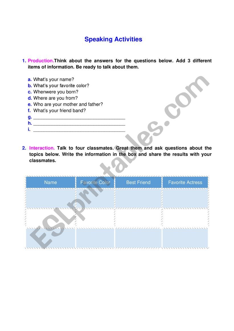 Speaking activity worksheet