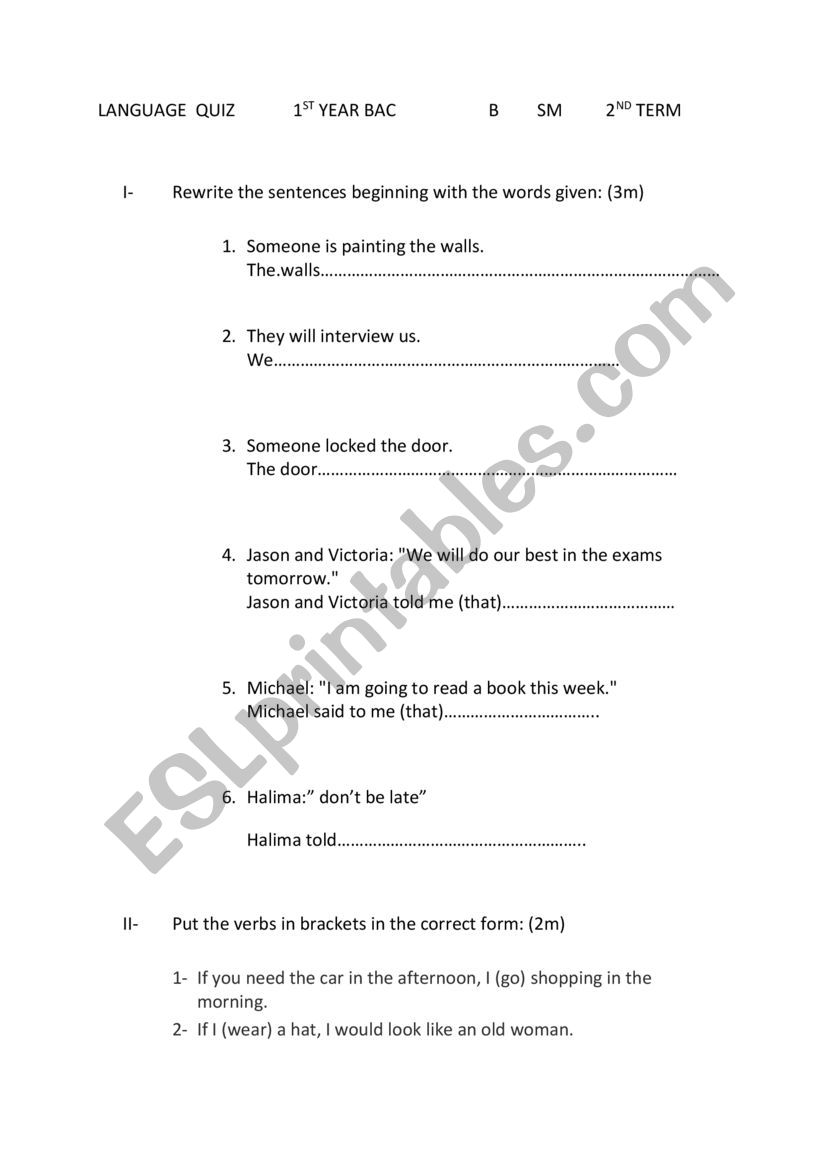 language quiz 1st year worksheet