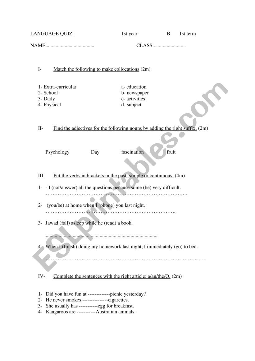 language quiz 1st year bis worksheet
