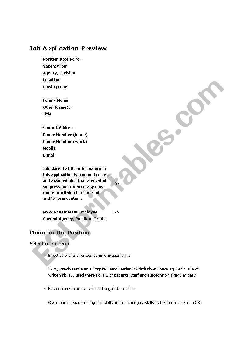 Application worksheet
