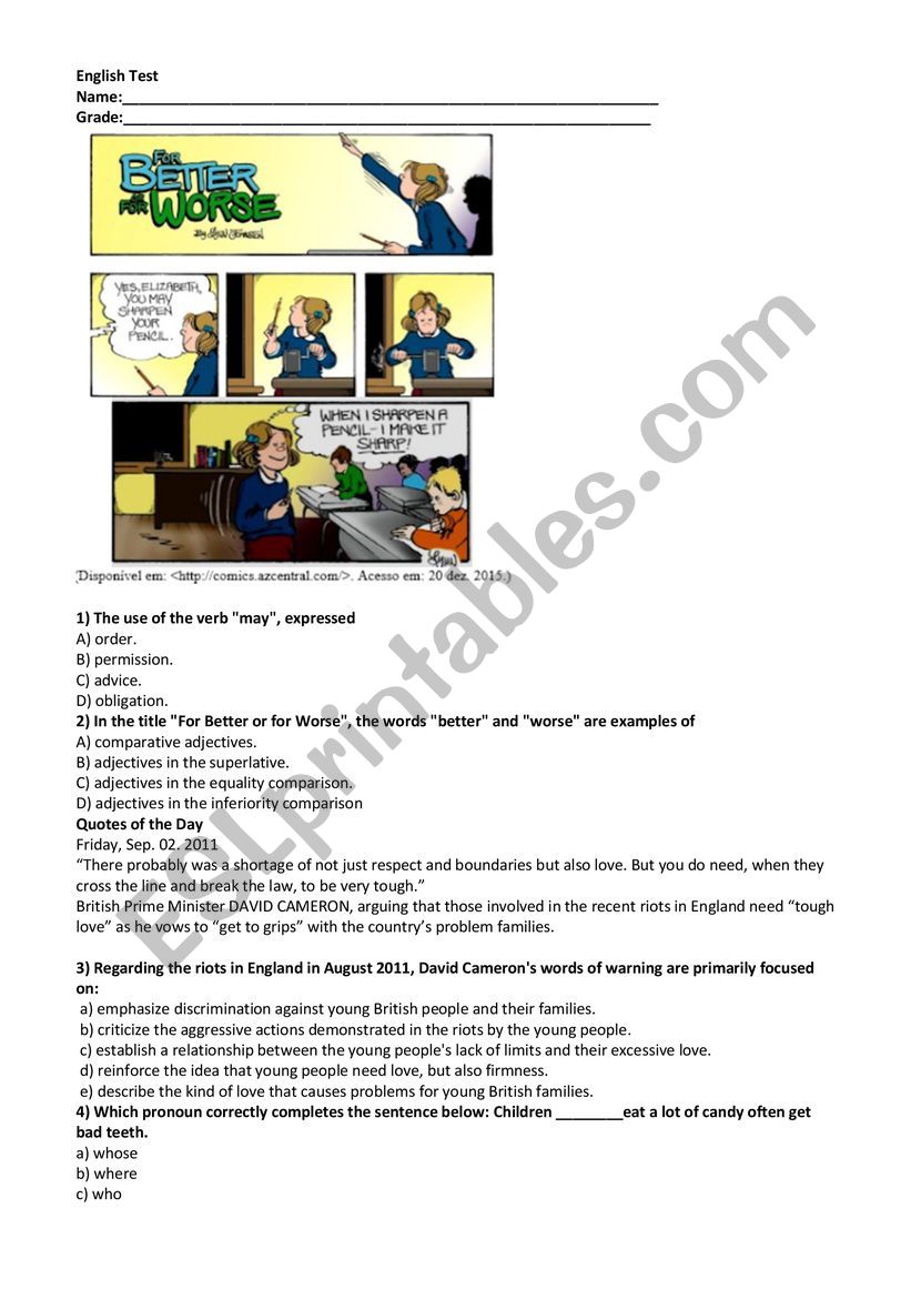 English test worksheet