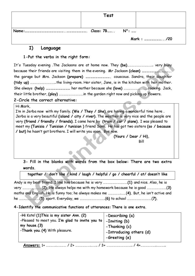 Test (7th Form) worksheet