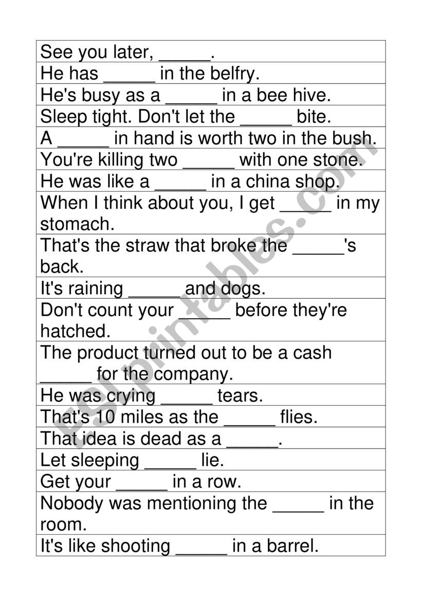 Animal vocabulary idioms worksheet