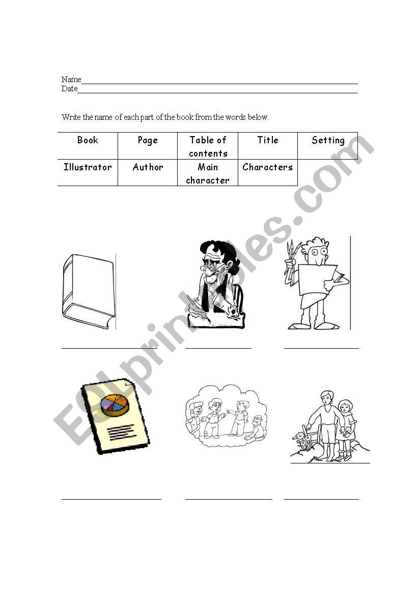 Parts of the book worksheet