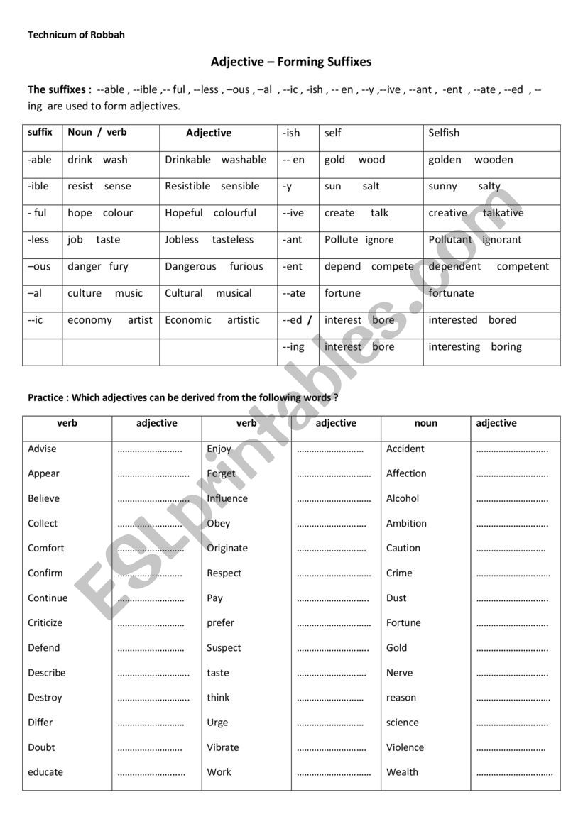 FORMING NOUNS AND ADJECTIVES worksheet
