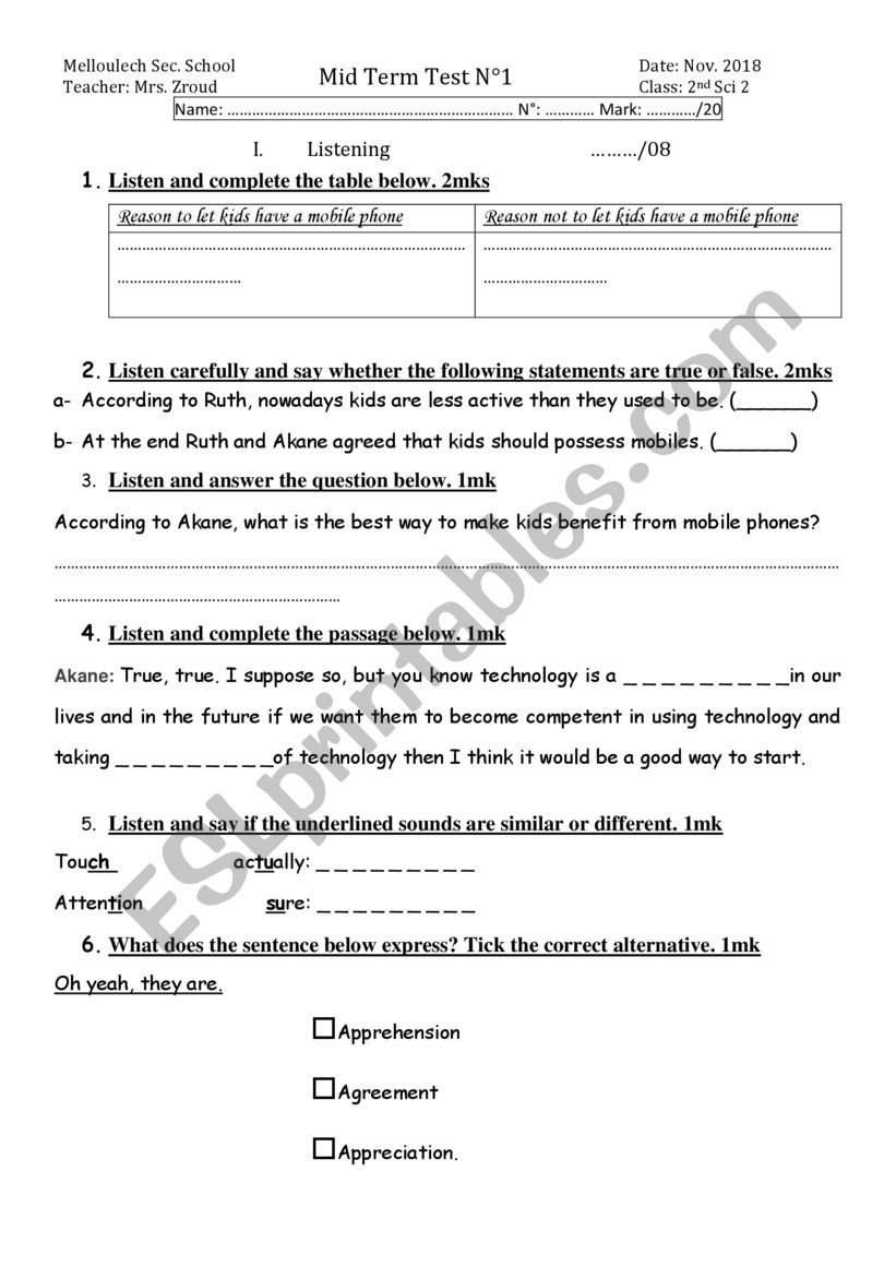mid term test worksheet
