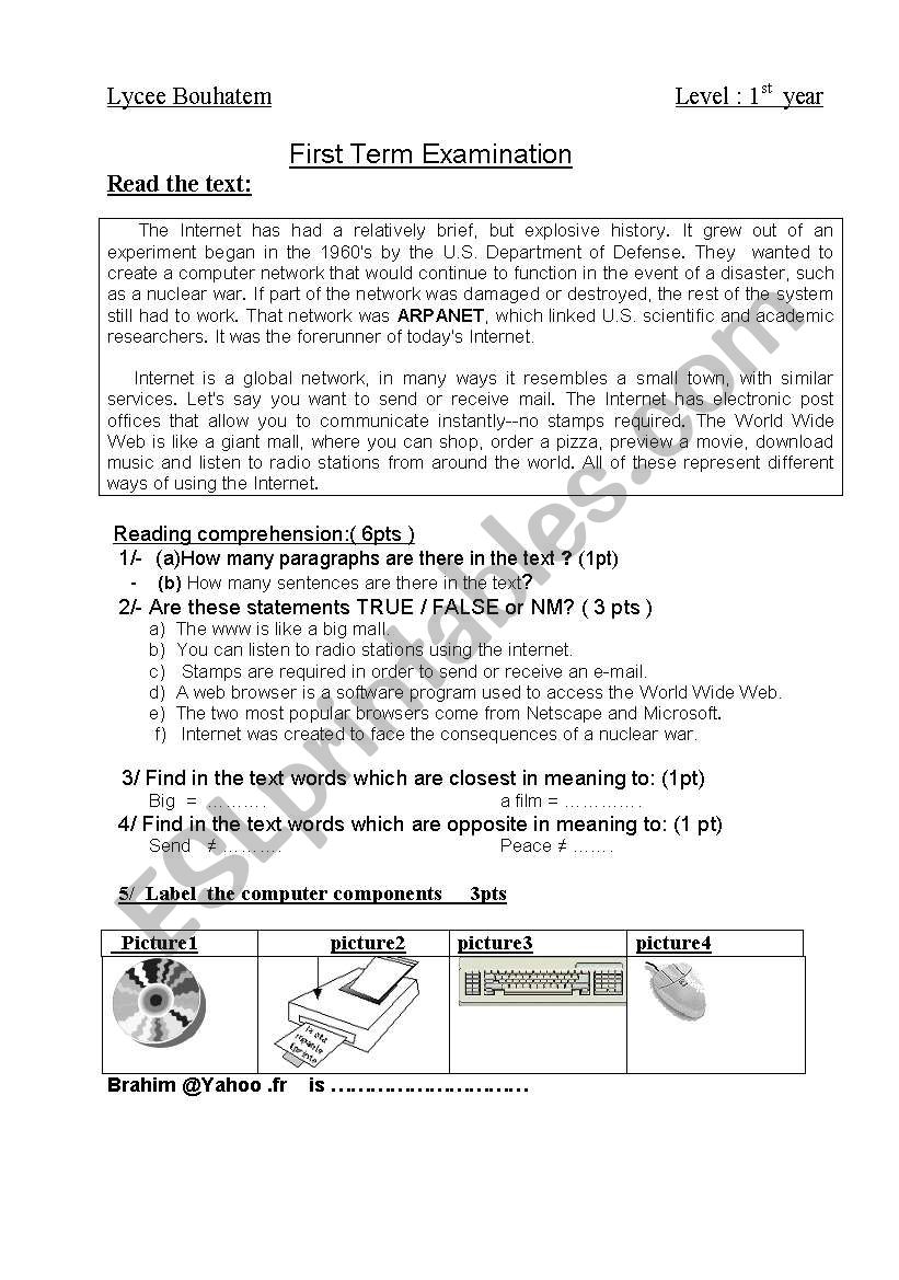 Internet vocabulary worksheet