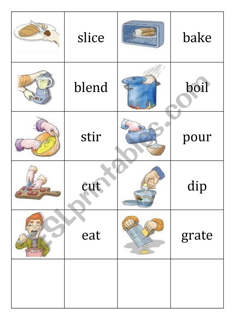 Cooking verbs memory game ESL worksheet