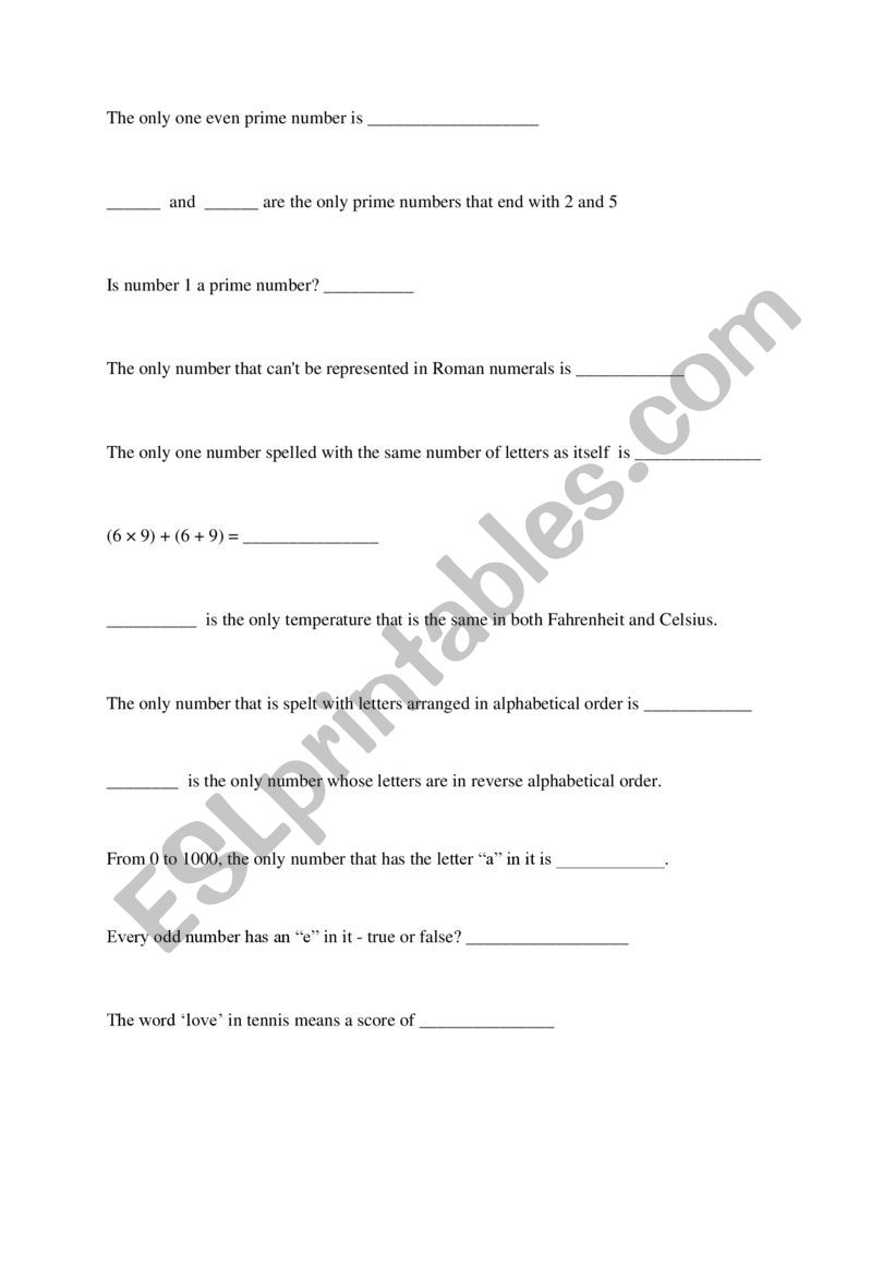 Numbers funfacts quiz worksheet