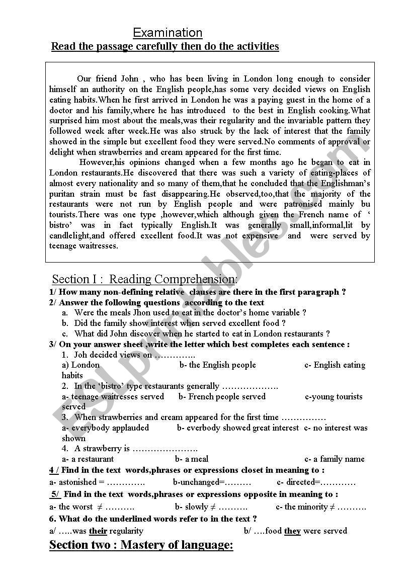 eating habits worksheet