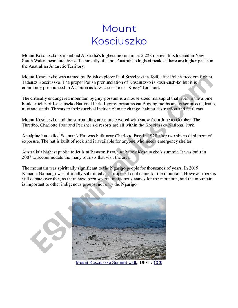 Mount Kosciuszko worksheet