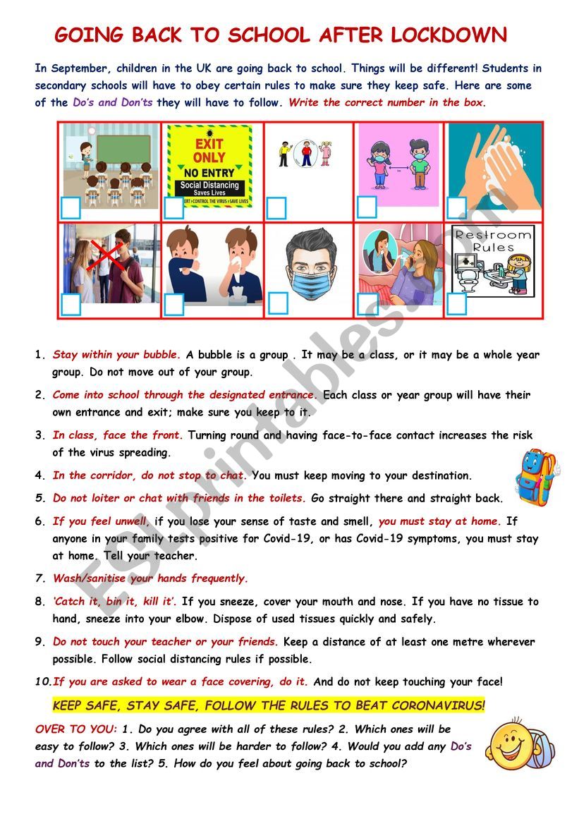 Back to school after lockdown worksheet