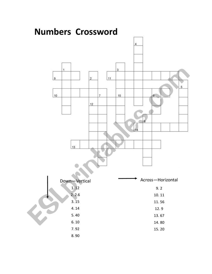 Numbers crossword worksheet