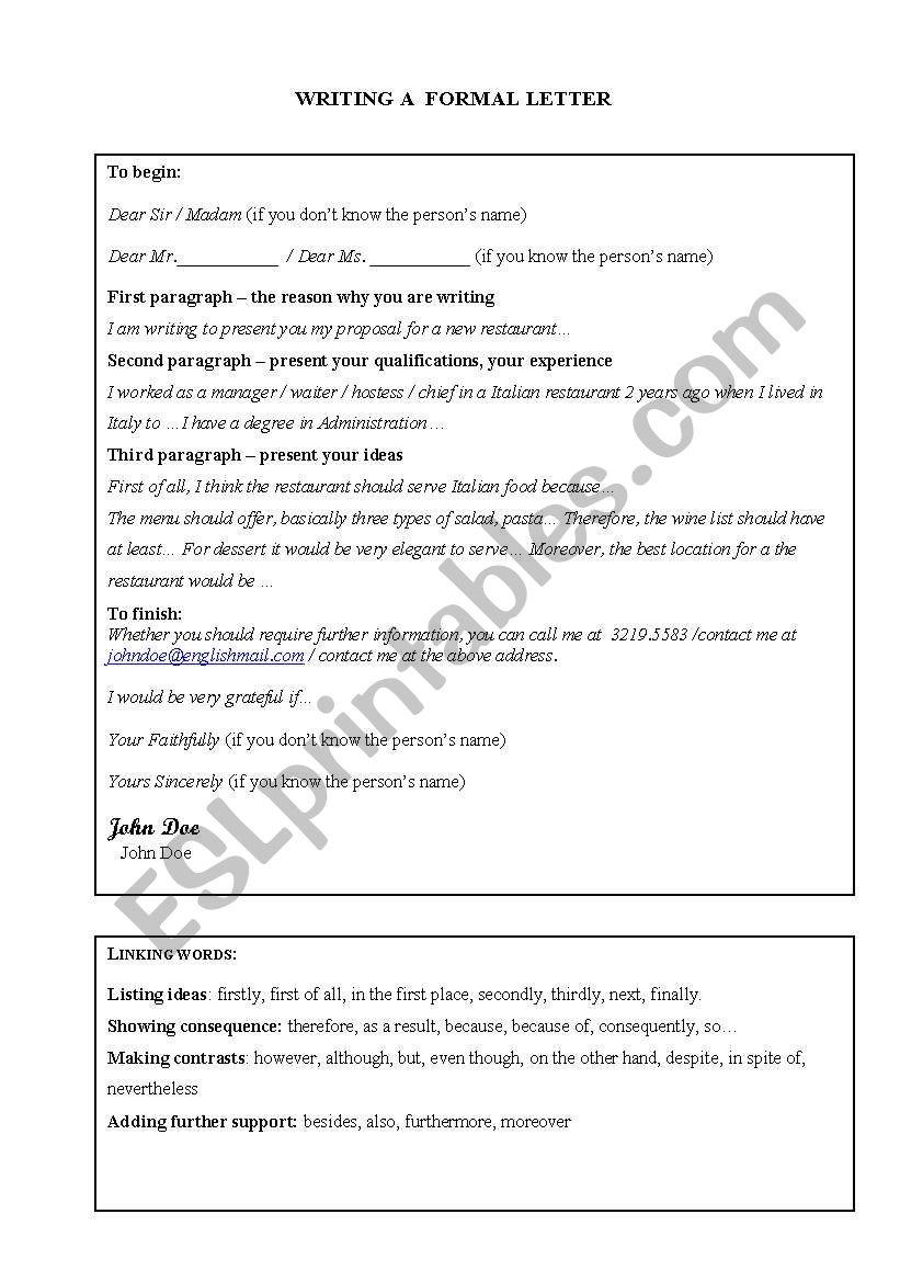 Writing a formal letter worksheet