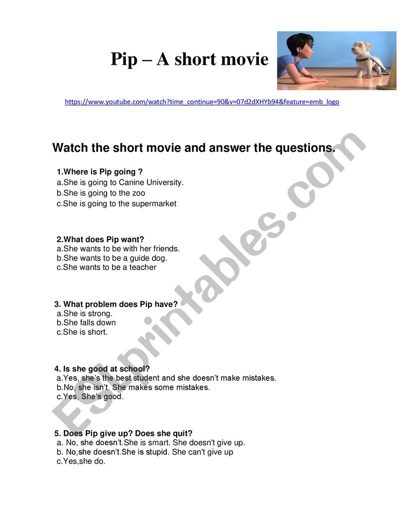 Pip - short movie - ESL worksheet by mary-butterfly