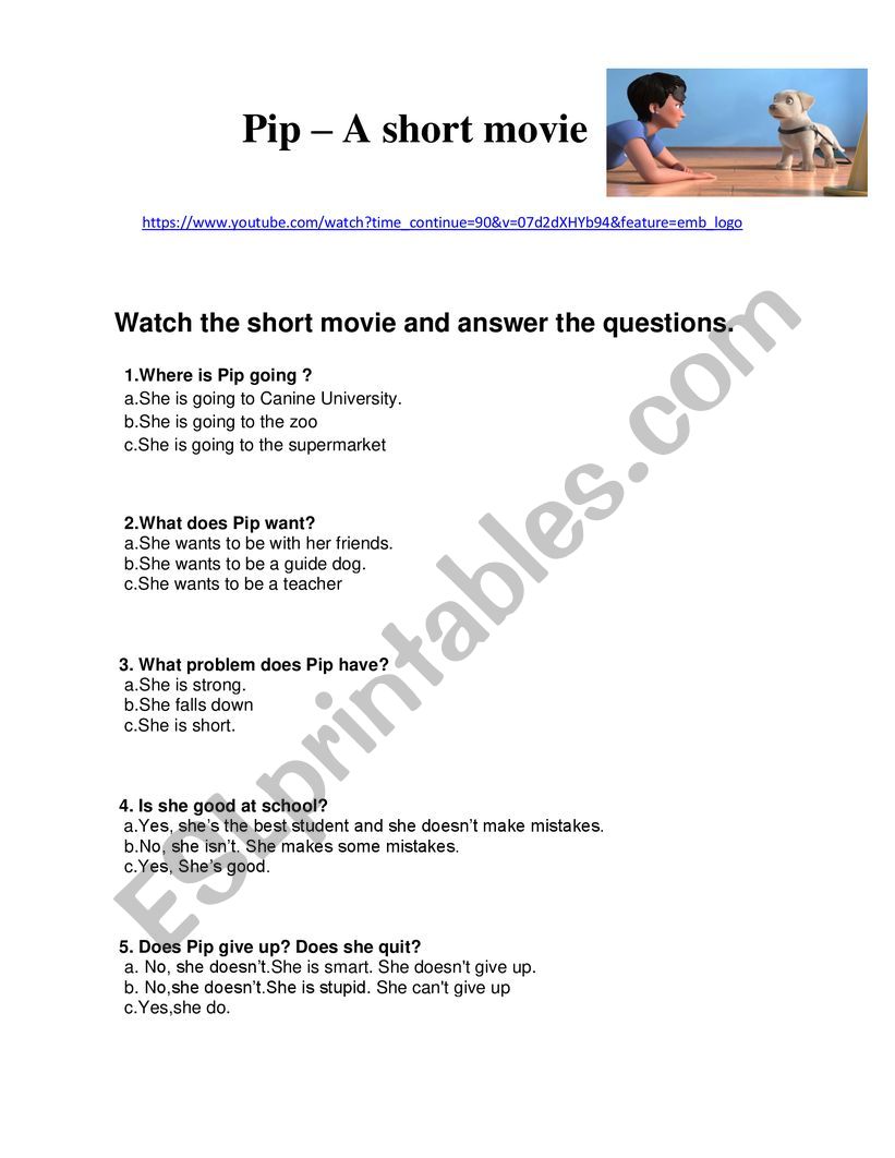 Pip - short movie worksheet