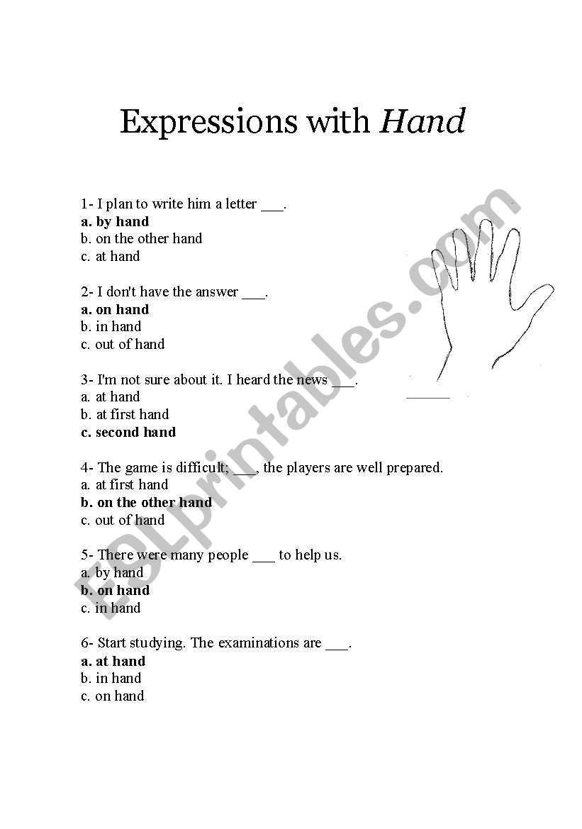 Expressions with hand worksheet