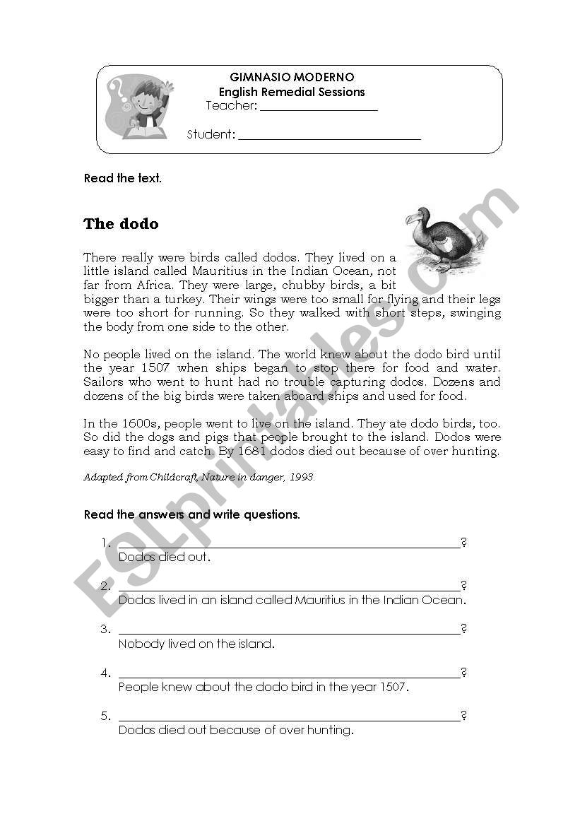 The Dodo birds worksheet