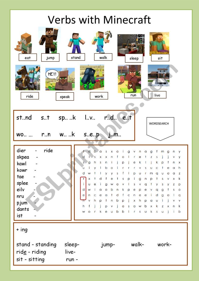 First Verbs with Minecraft worksheet