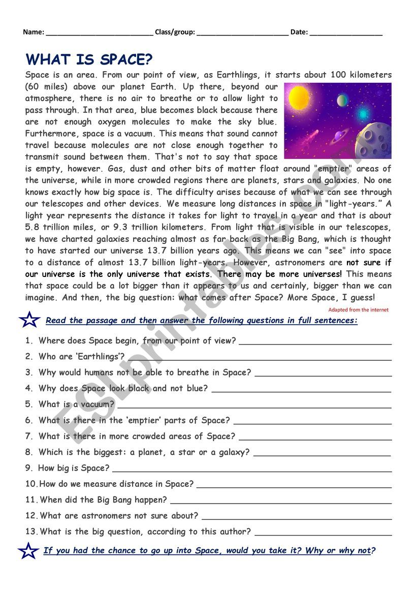 RC: what is Space? worksheet