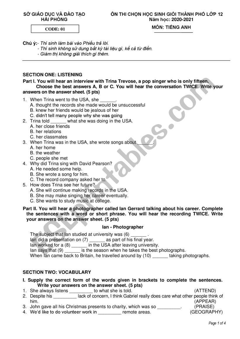 English Test Grade 12 worksheet