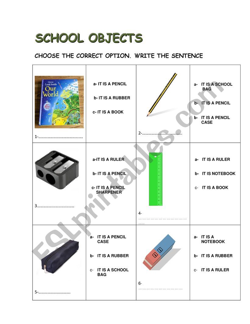 School objects worksheet