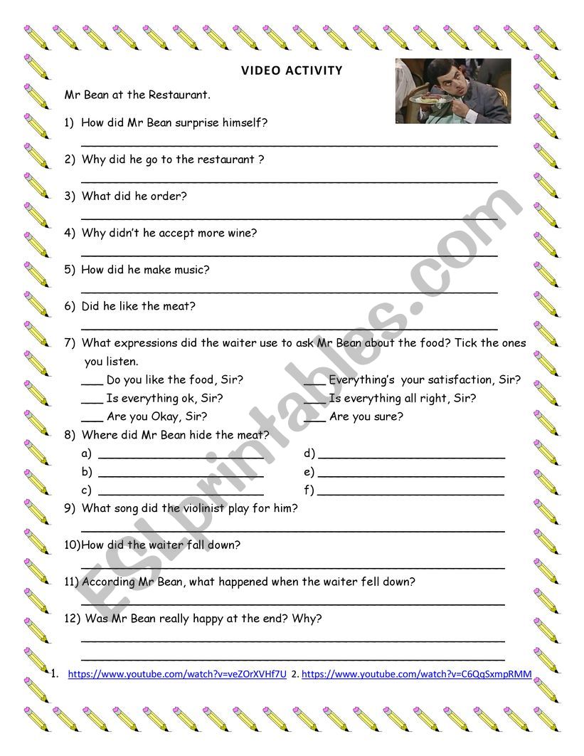 Mr. Bean - At the Restaurant - Video Activity - Student Worksheet