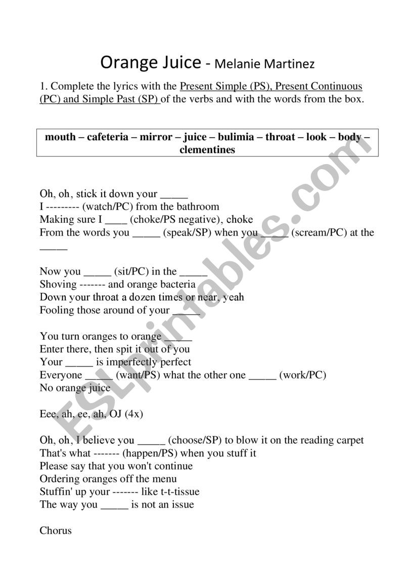 Orange Juice Melanie Martinez Music Worksheet