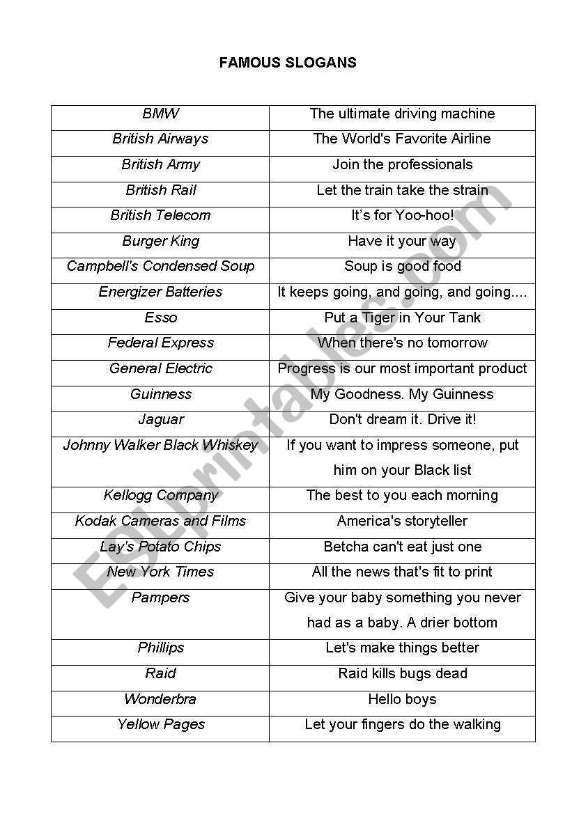 Famous slogans worksheet