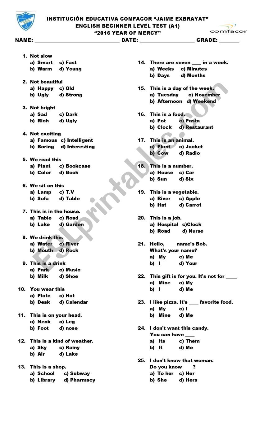 ENGLISH BEGINNER TEST worksheet