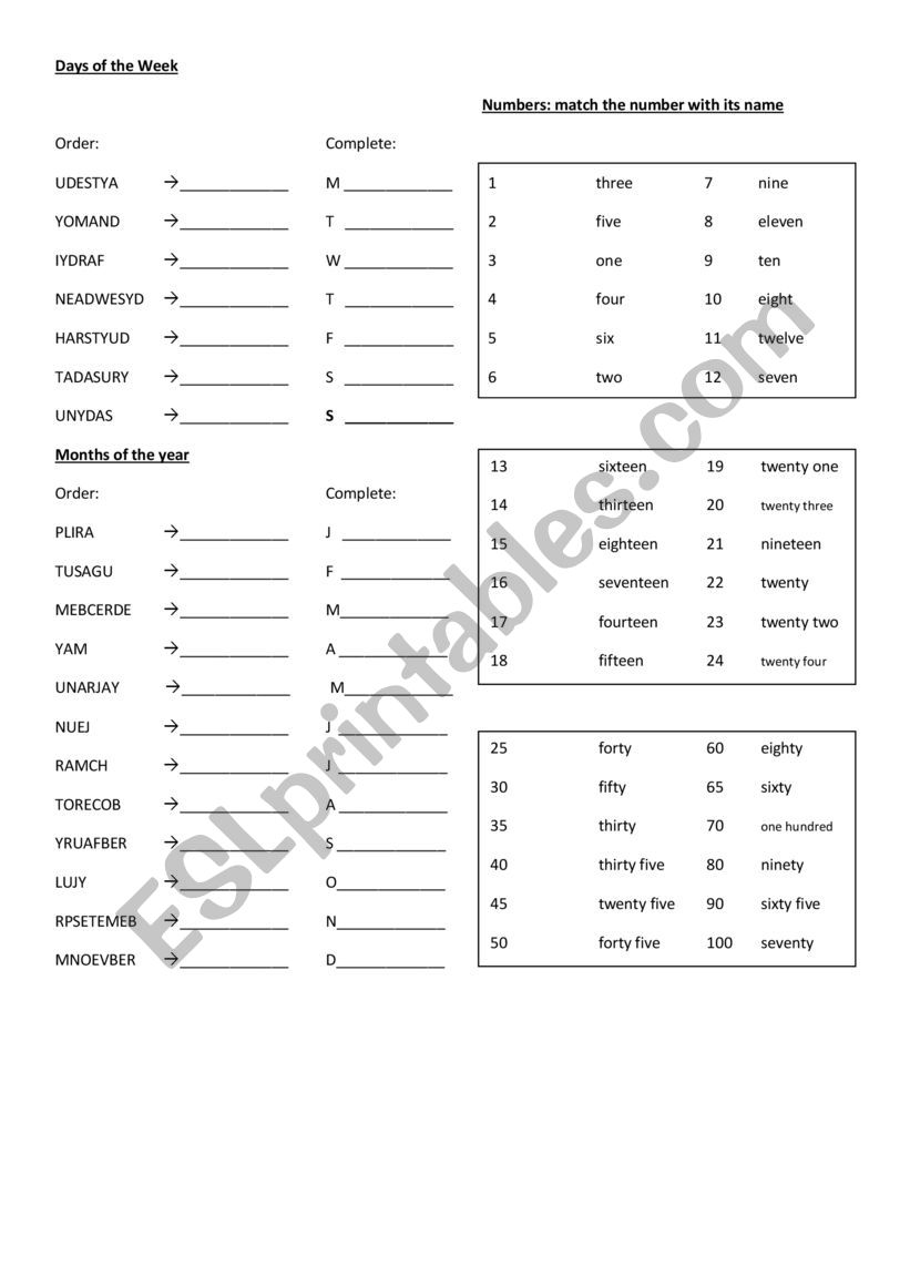 numbers and months worksheet