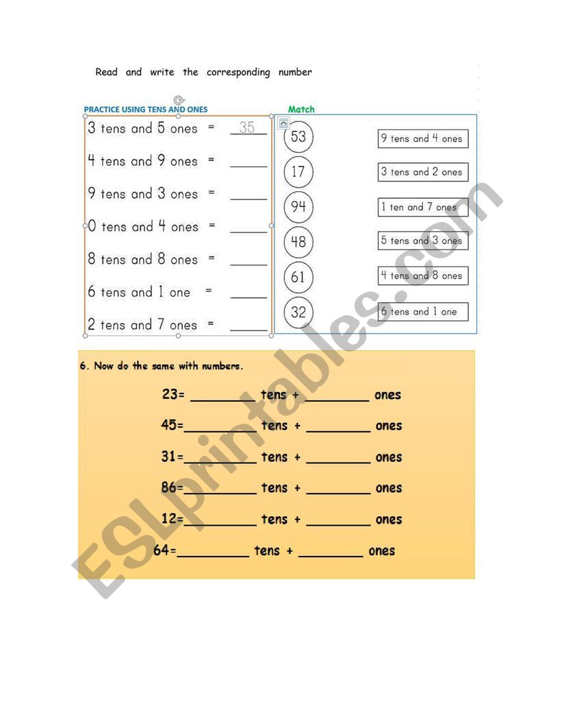 Numbers with ones and tens worksheet