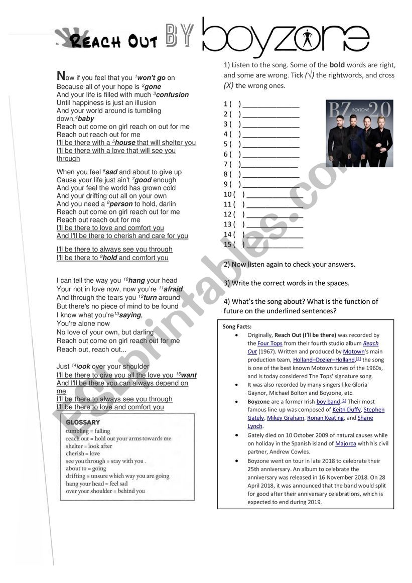 Reach out - Boyzone worksheet