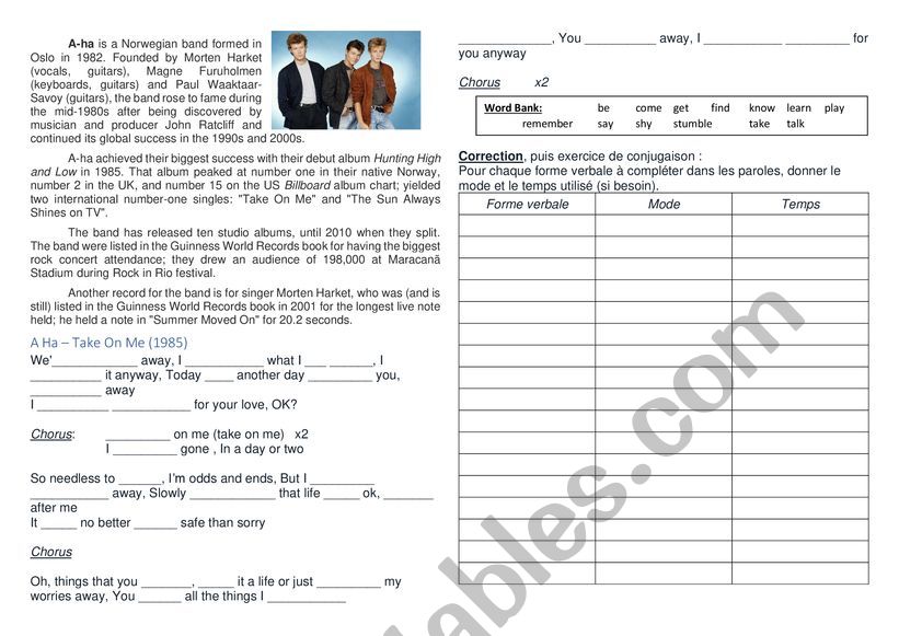 A Ha - Take on me worksheet worksheet