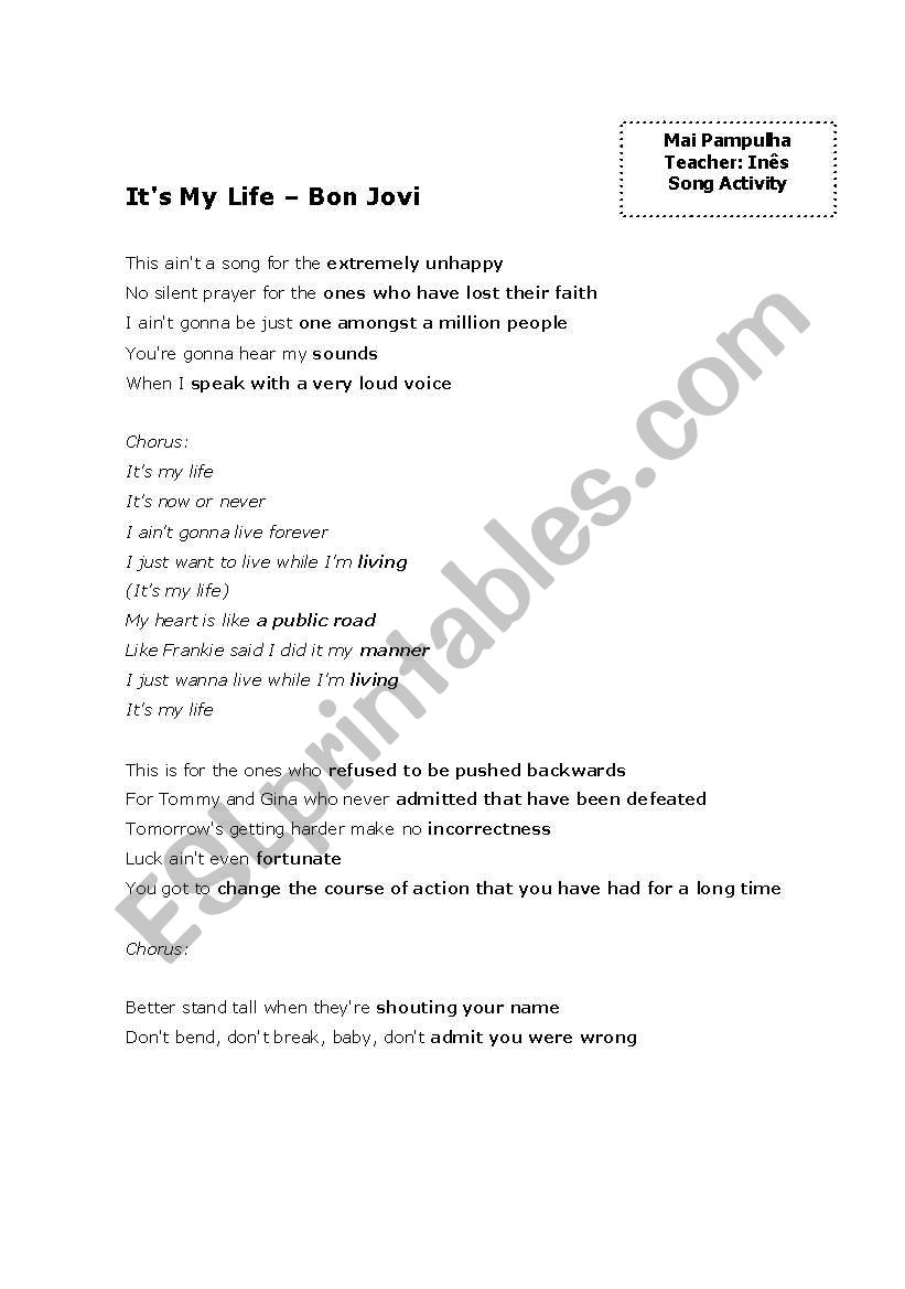 Its my life - Bon Jovi worksheet