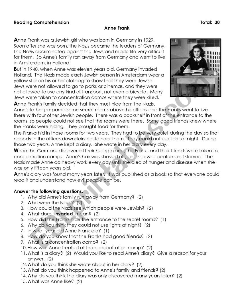 Anne Frank Information Text worksheet