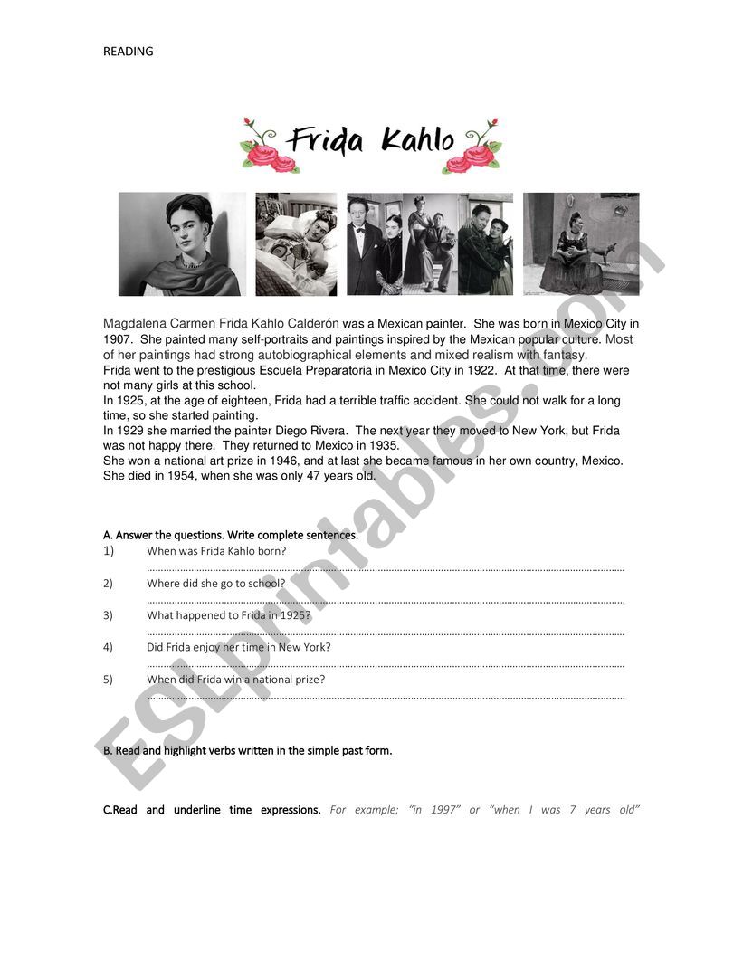 Frida Kahlo BIOGRAPHY worksheet