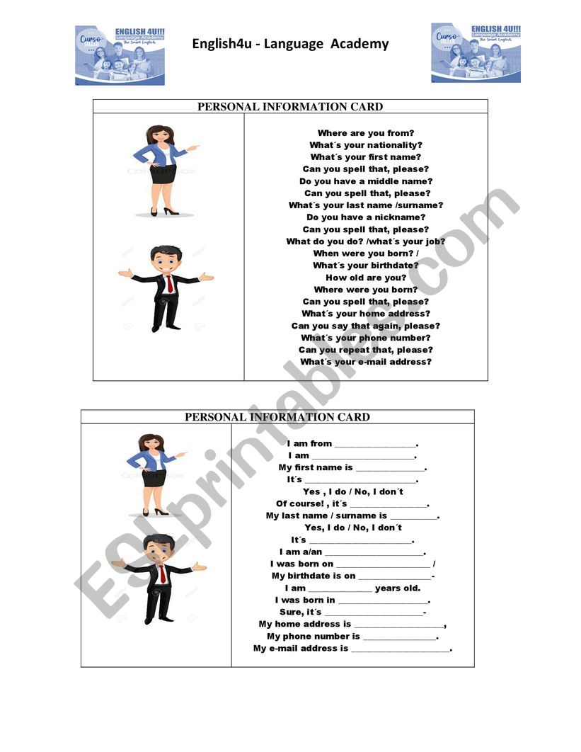 PERSONAL INFORMATION SPEAKING AND WRITING CARD